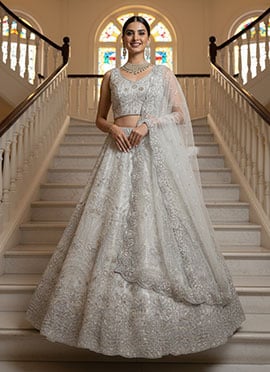 White Net Zari Sequins Embroidered Thread Zarkan Stones Umbrella Lehenga