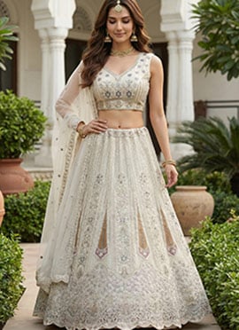 White Net Zari Sequins Embroidered Zarkan Stones Dori Thread Umbrella Lehenga