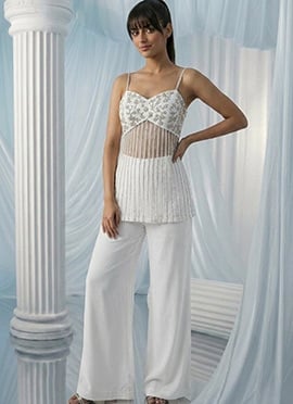 White Net Zari Sequins Hand Embroidered Indowestern Palazzo Set