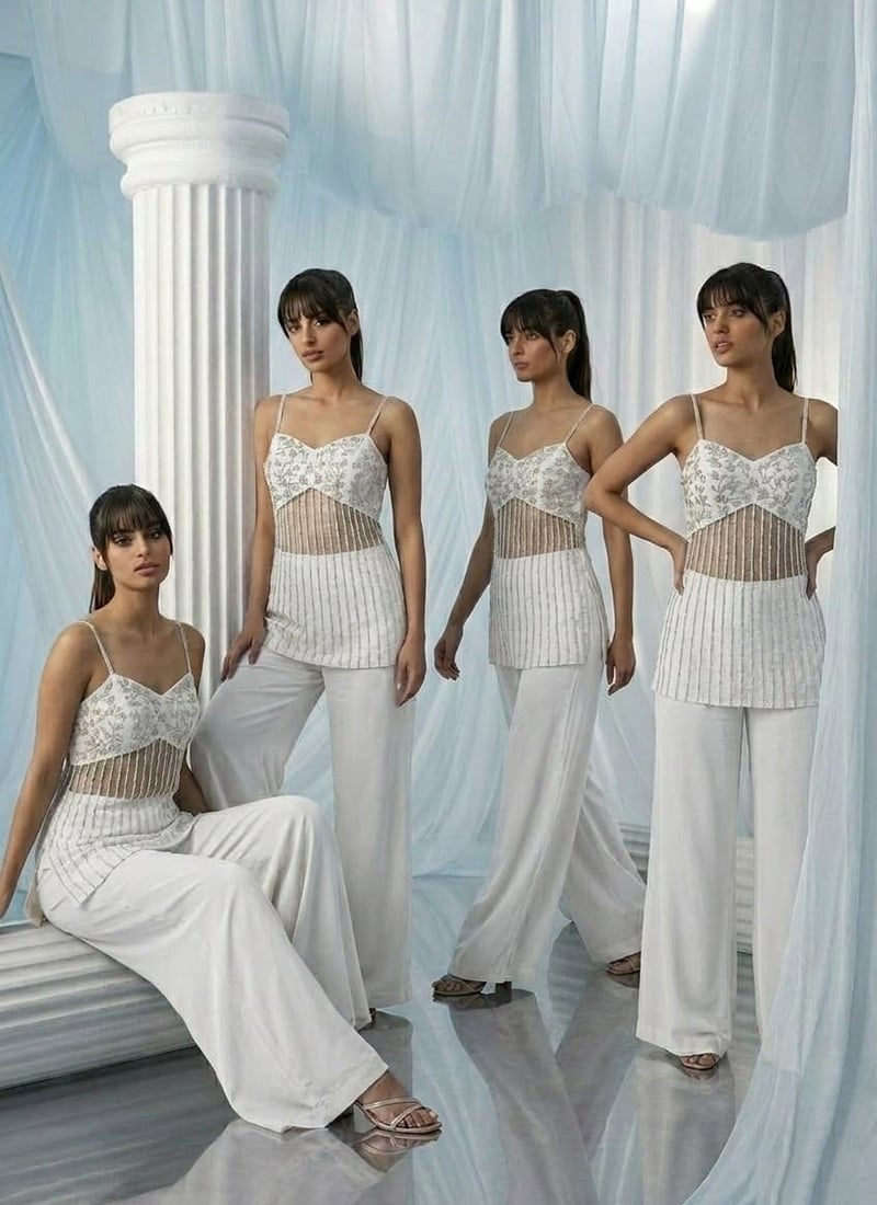 White Net Zari Sequins Hand Embroidered Indowestern Palazzo Set Wedding Wear