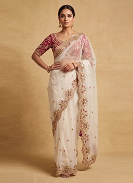 White Net Zari Sequins Saree