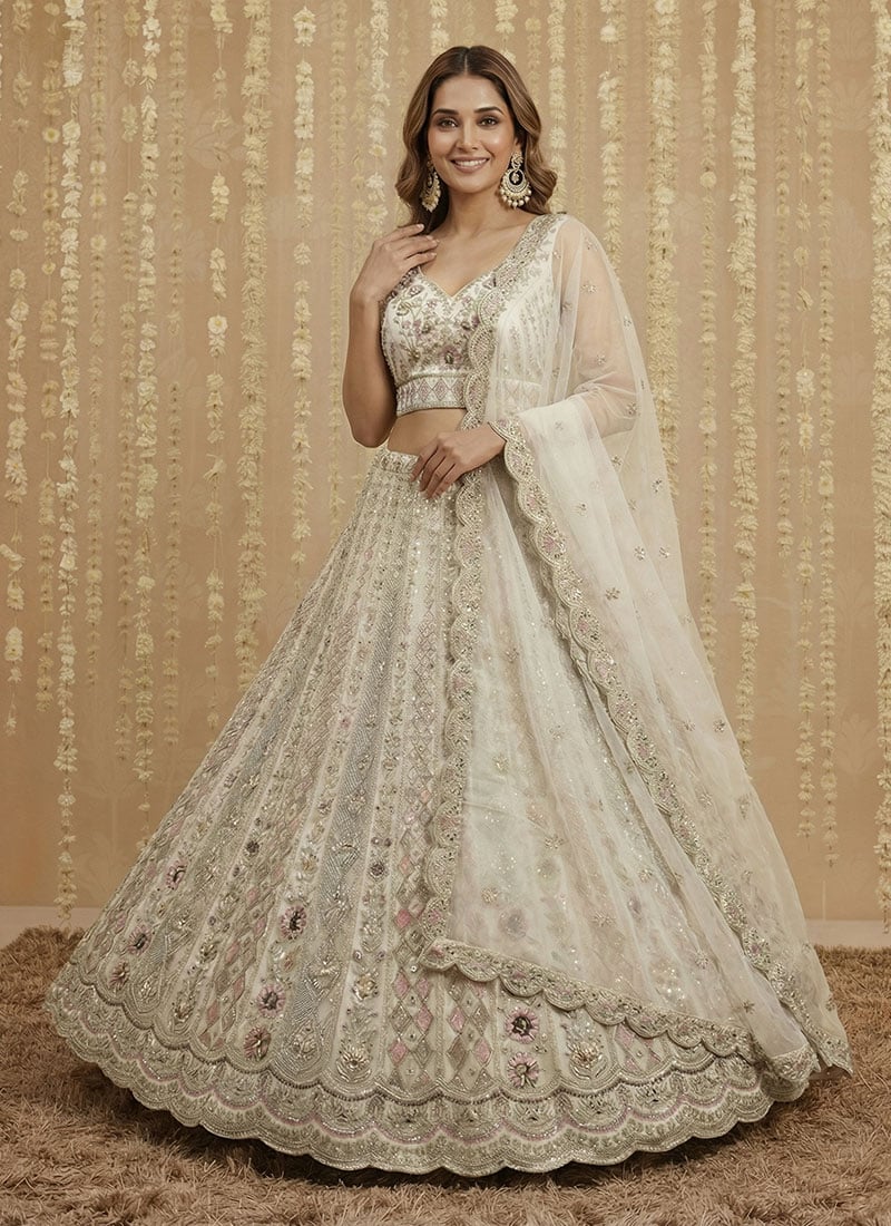 White Net Zari Sequins Stones Embroidered Umbrella Lehenga Wedding Wear