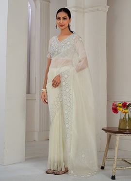 White Organza Applique With Sequins And Stone Work Saree Festive Wear