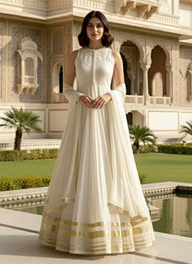 White Organza Beads Work A line Anarkali Suit