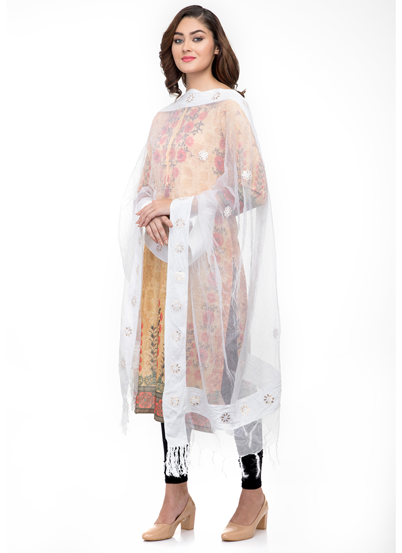White Organza Cotton Gota Patti Work Dupatta Festive Wear
