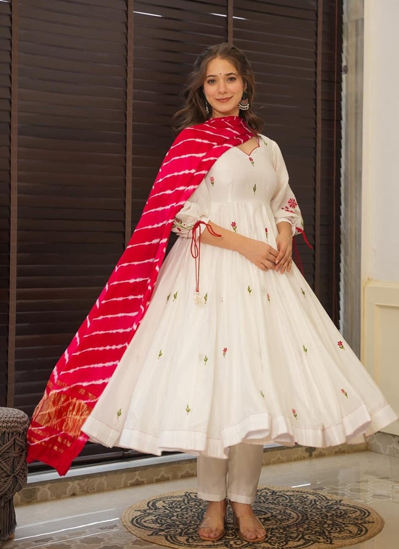 White Organza Embroidered Anarkali Suit With Leheriya Print Dupatta Festive Wear