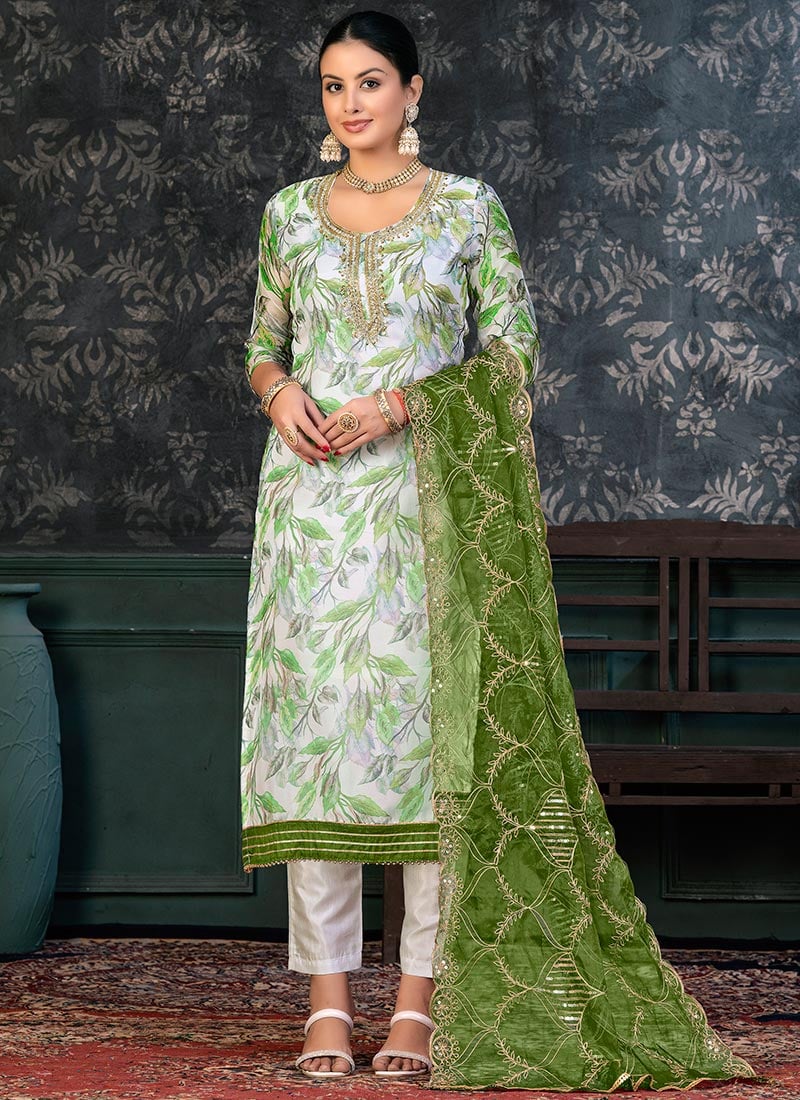 White Organza Embroidered And Printed Straight Pant Suit Festive Wear