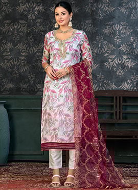 White Organza Embroidered And Printed Straight Pant Suit