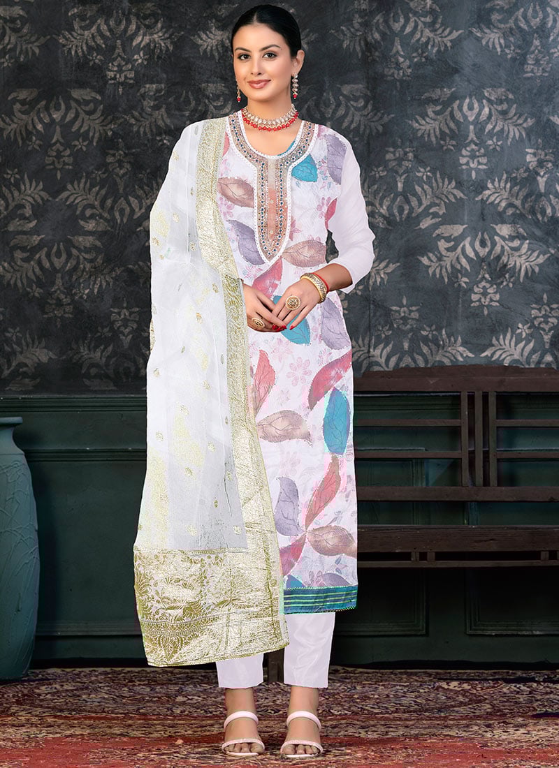 White Organza Embroidered And Printed Straight Pant Suit Festive Wear