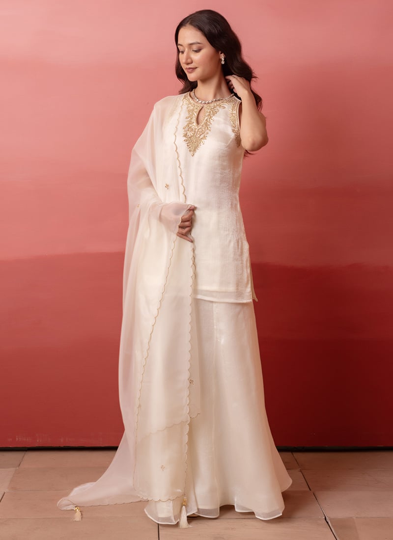 White Organza Embroidered Palazzo Suit After Six Wear
