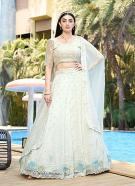 White Organza Embroidered Stones And Sequins Umbrella Lehenga Wedding Wear