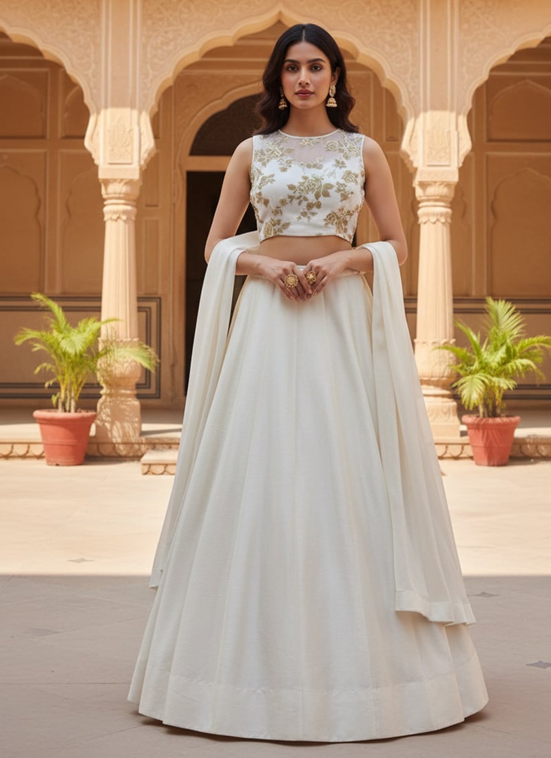 White Organza Foil Printed Lehenga Festive Wear