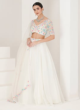 White Organza Hand Embroidered Sequins And Beads Work lehenga