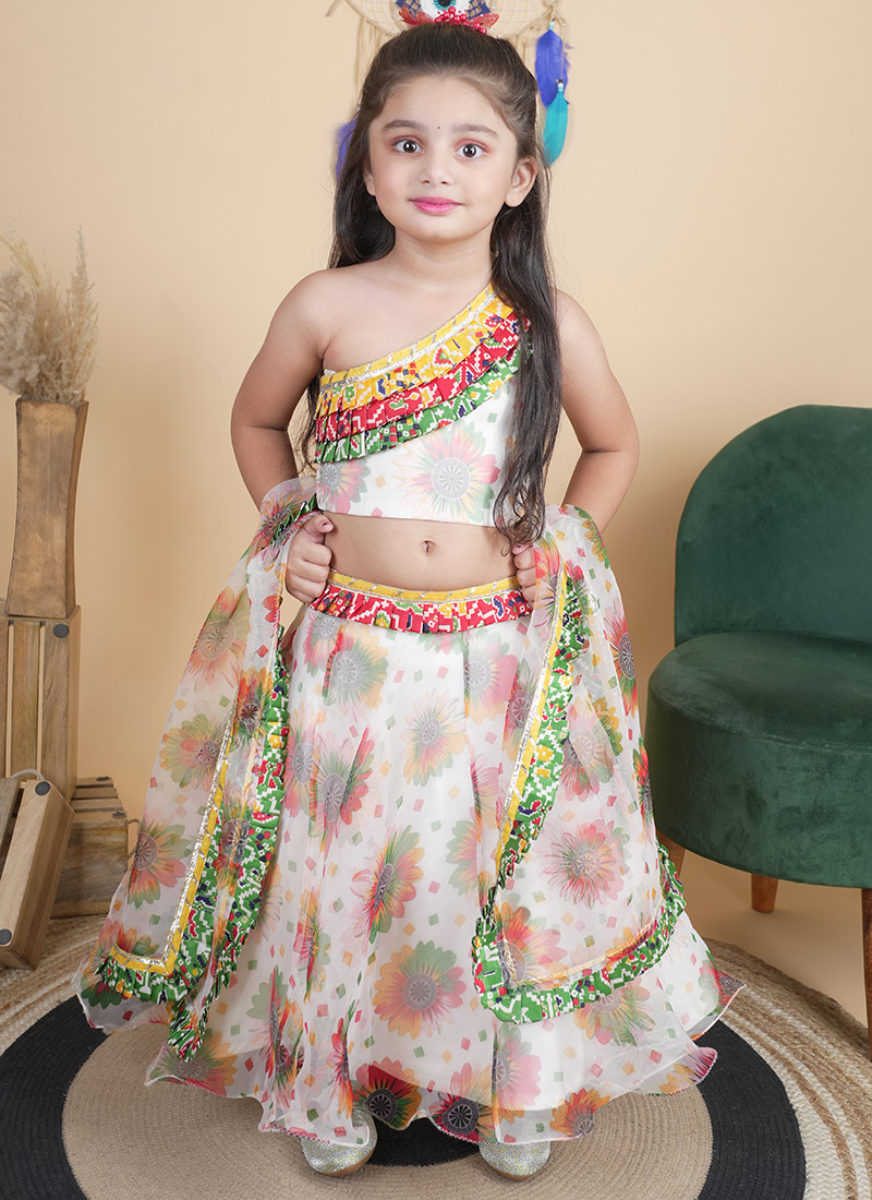 White Organza Printed Kids Girls Lehenga After Six Wear