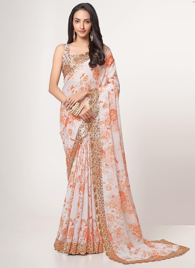White Organza Printed N Sequins Work Saree