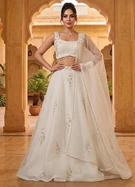 White Organza Sequins Hand Embroidered With Beads Work Lehenga
