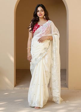 White Organza Silk Embroidered Sequins Saree