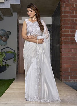 White Organza Stone Work Saree Festive Wear