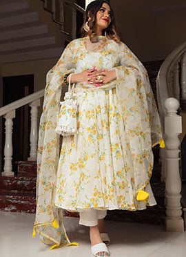 White Organza Yellow Floral Print Anarkali Suits