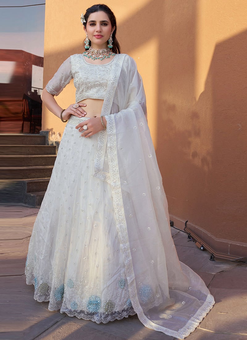 White Organza Zari Embroidered Sequins With Stone Work Lehenga