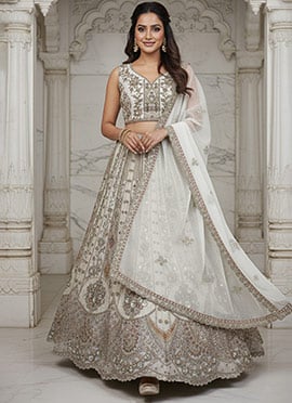 White Organza Zari Sequins Stones Embroidered Thread Dori Umbrella Lehenga