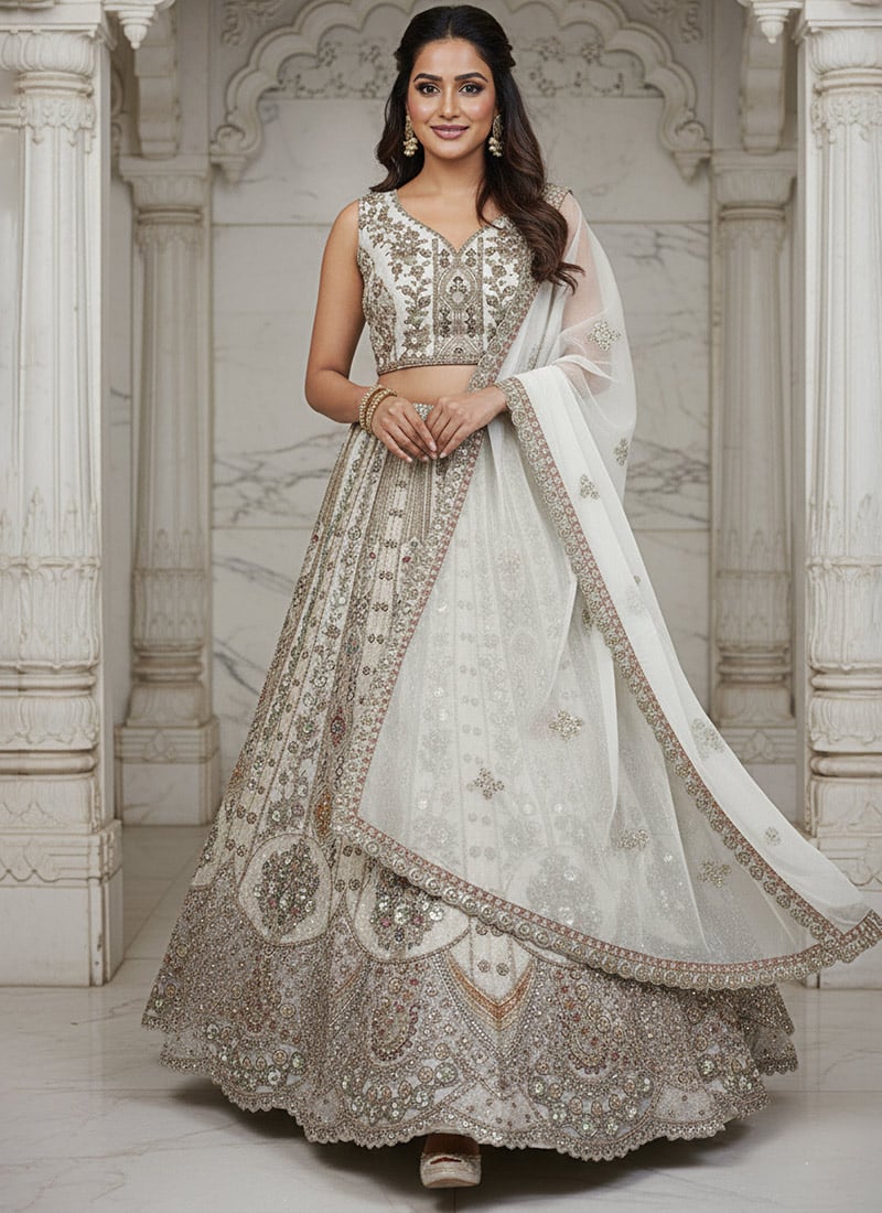 White Organza Zari Sequins Stones Embroidered Thread Dori Umbrella Lehenga Wedding Wear