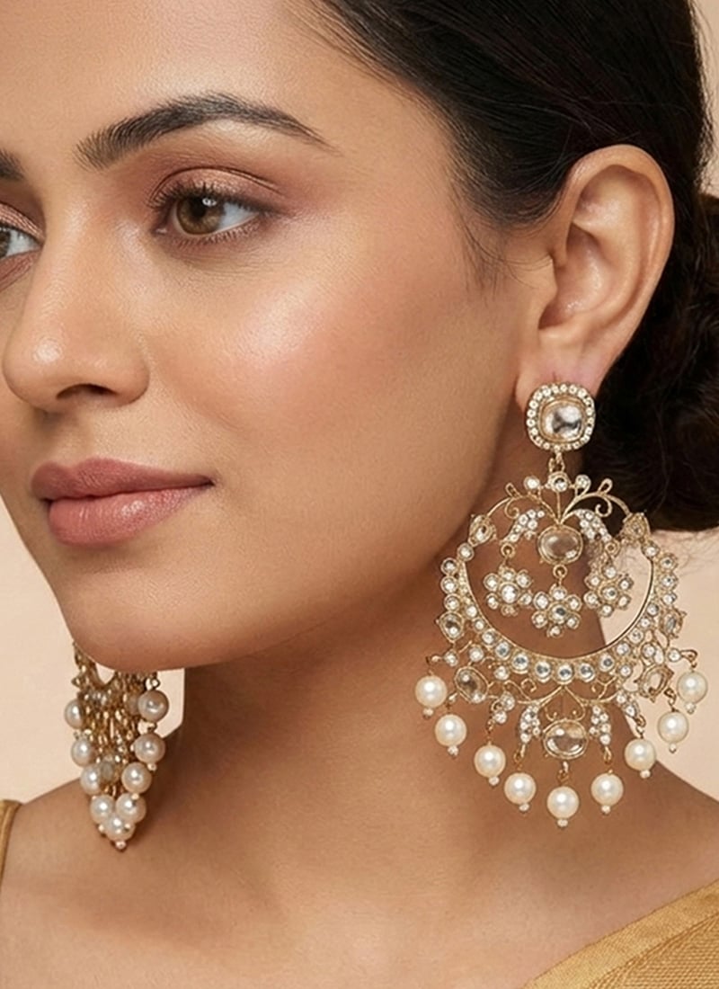 White Pearl High Golden Kundan Chandelier Earrings After Six Wear