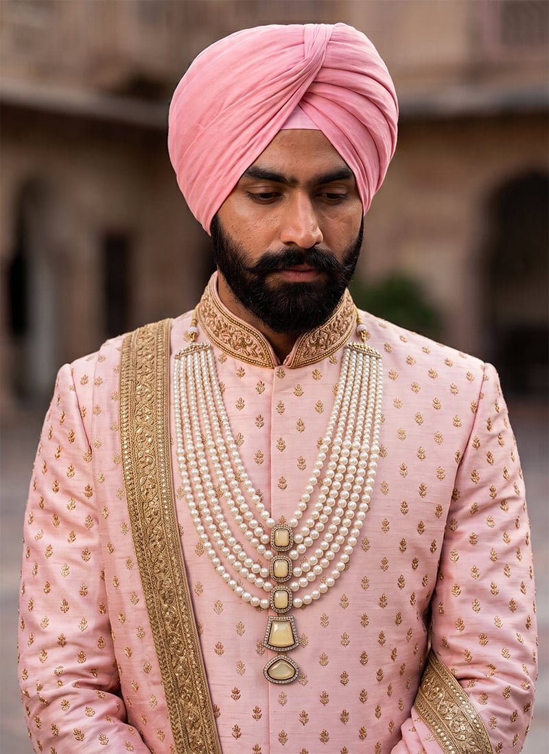 White Pearl Kundan Panel Mens Mala