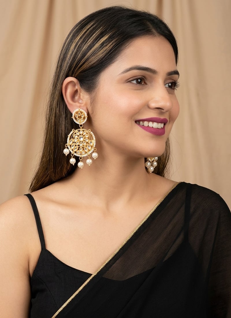 White Pearl Round Floral Kundan Danglers After Six Wear