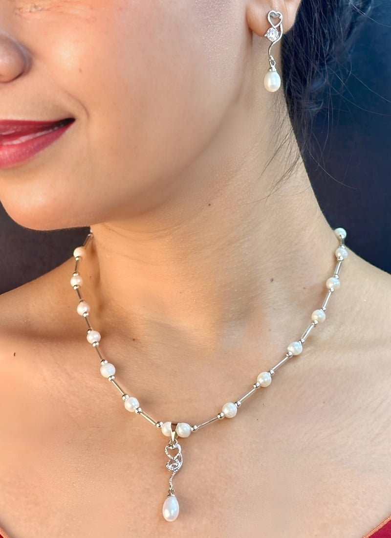 White Pearl Stone Necklace Festive Wear