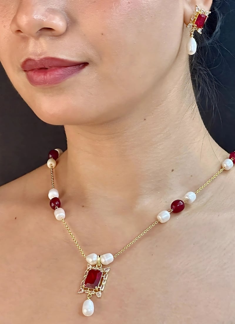 White Pearl Stone Necklace Festive Wear