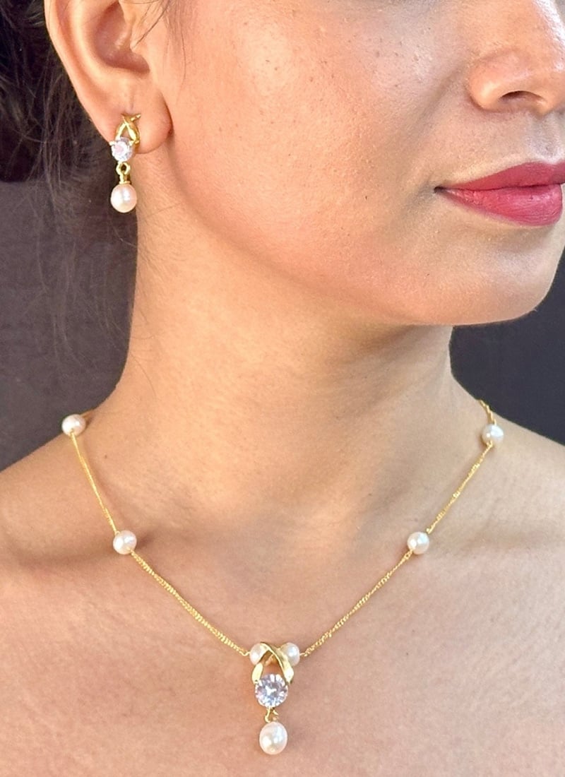 White Pearl Stone Necklace Festive Wear