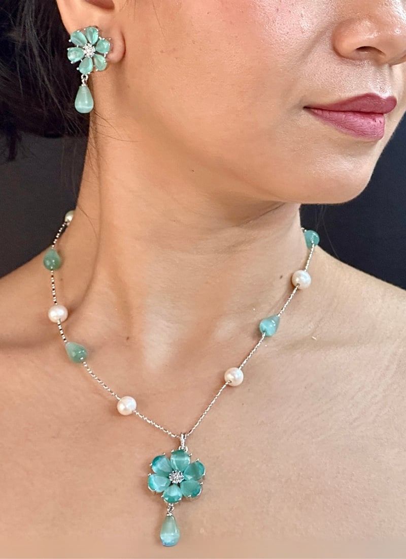 White Pearl Stone Pendant Set Festive Wear