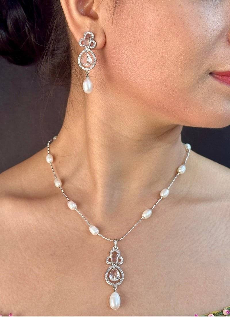 White Pearl Stone Pendant Set Festive Wear