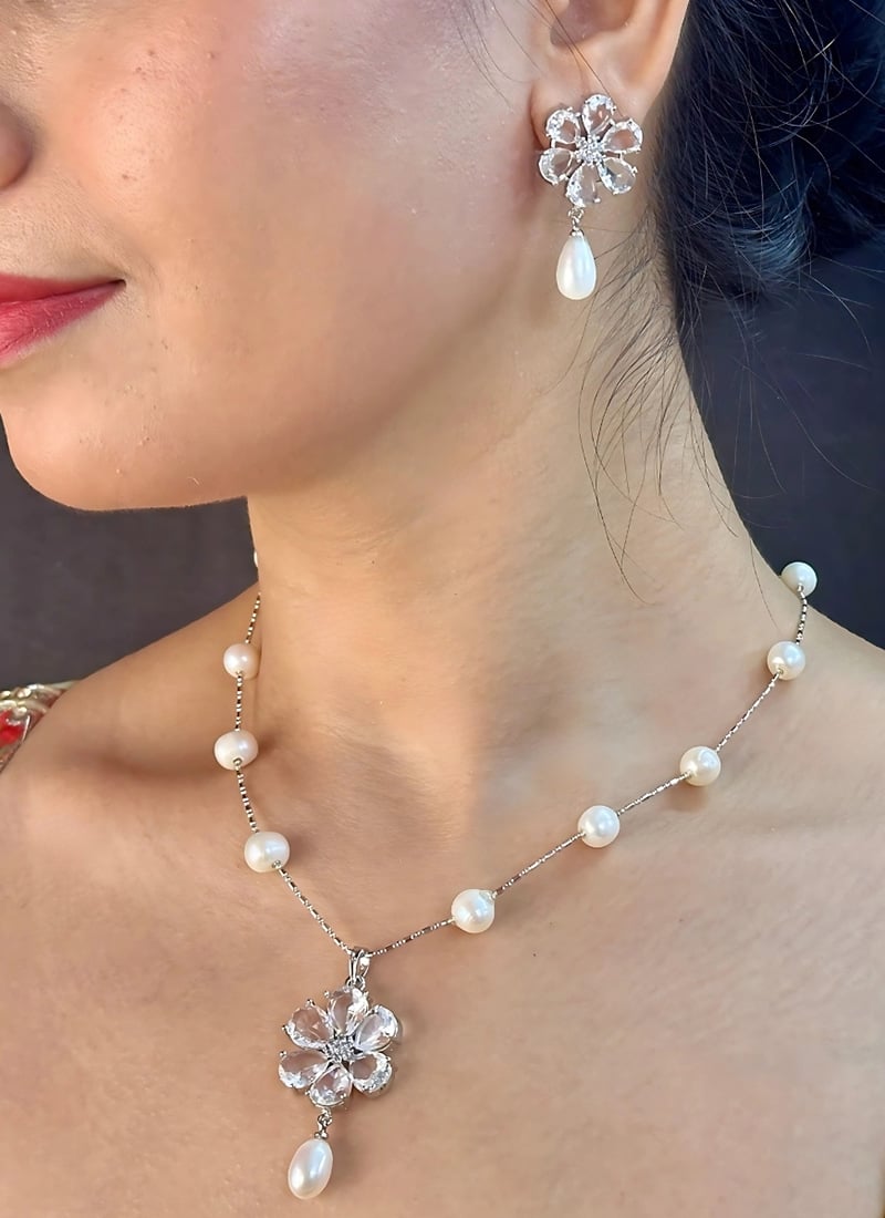 White Pearl Stone Pendant Set Festive Wear