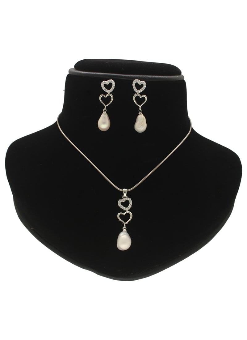 White Pearl Stone Pendant Set Festive Wear