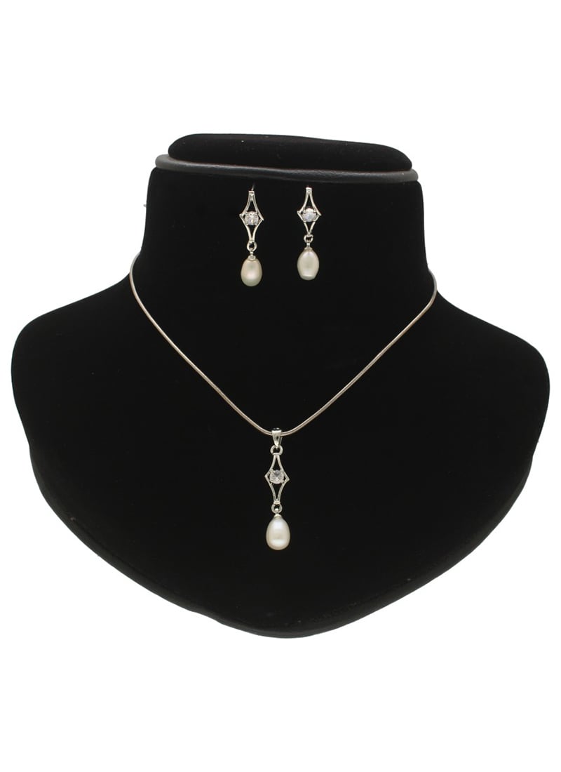 White Pearl Stone Pendant Set Festive Wear