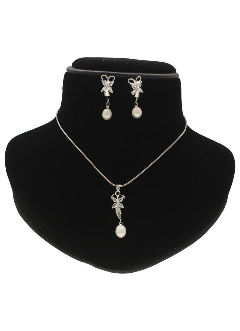 White Pearl Stone Pendant Set Festive Wear