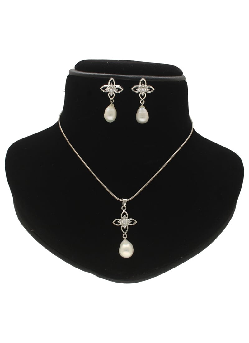 White Pearl Stone Pendant Set Festive Wear
