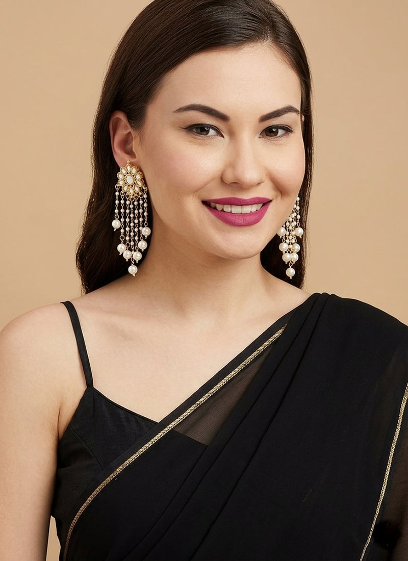 White Pearl Tassel Floral Kundan Danglers After Six Wear