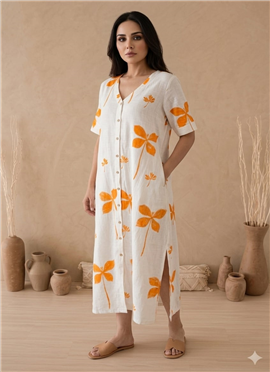 White Printed Cotton Elegant Dress