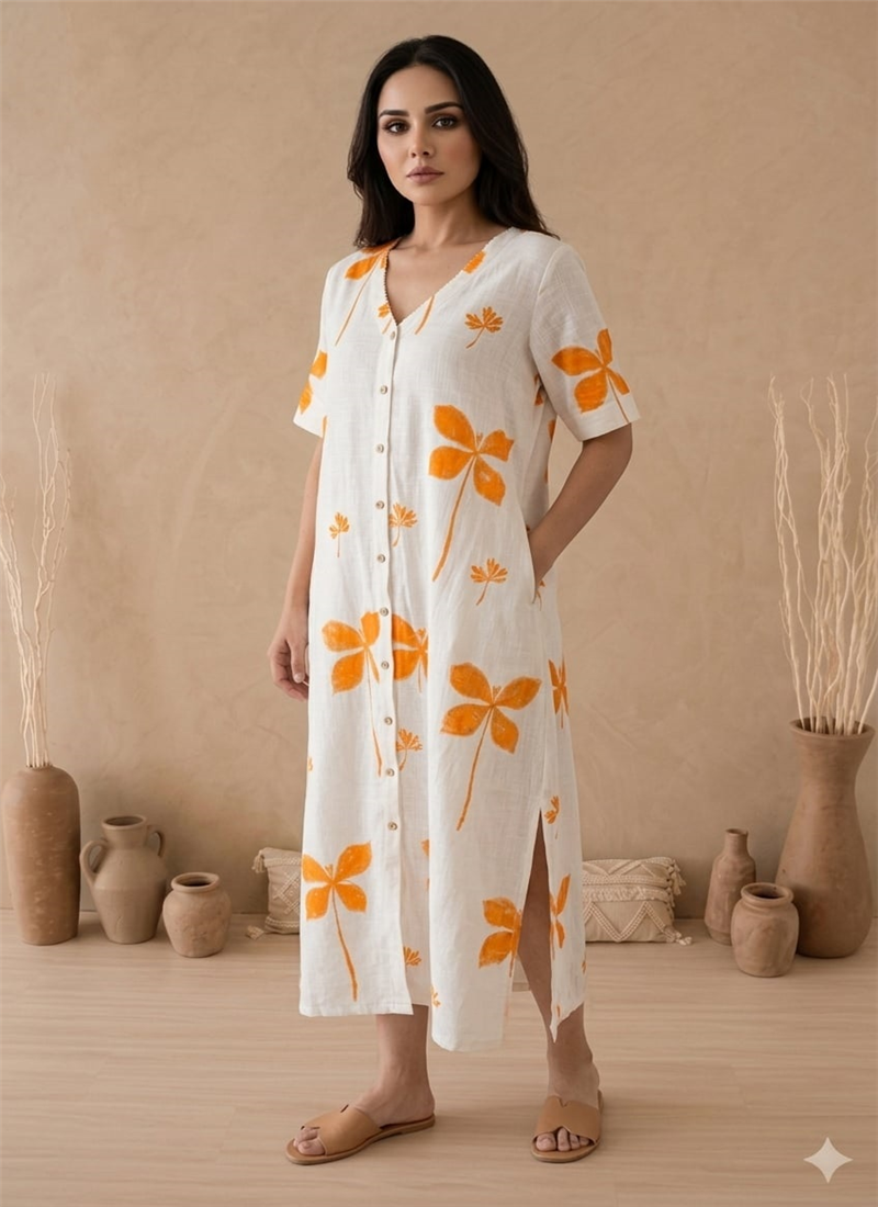 White Printed Cotton Elegant Dress After Six Wear