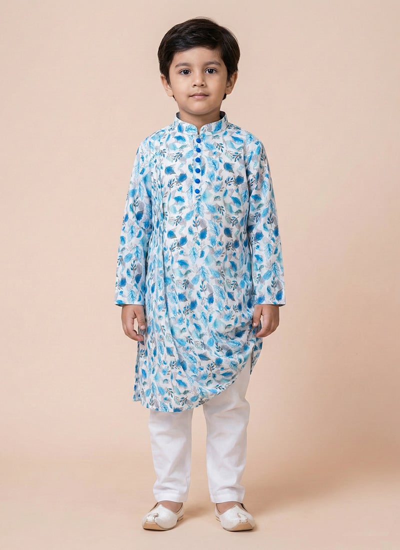White Printed Cotton Kids Boys Kurta Pyjama Festive Wear