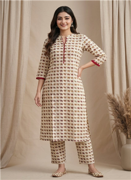 White Printed Cotton Kurta Set
