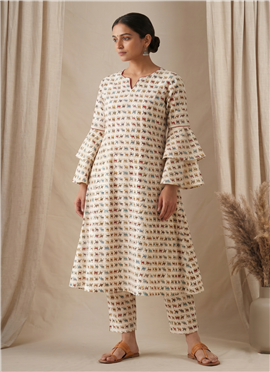 White Printed Cotton Kurta Set