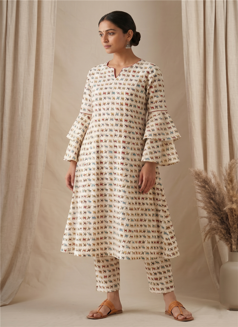 White Printed Cotton Kurta Set After Six Wear
