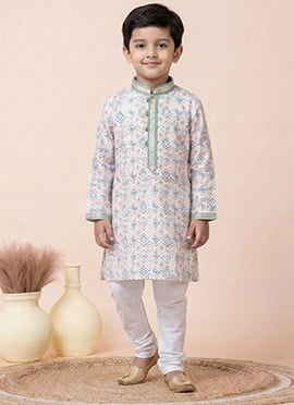 White Printed Mono Cotton Polyester Kids Boys Kurta Pyjama