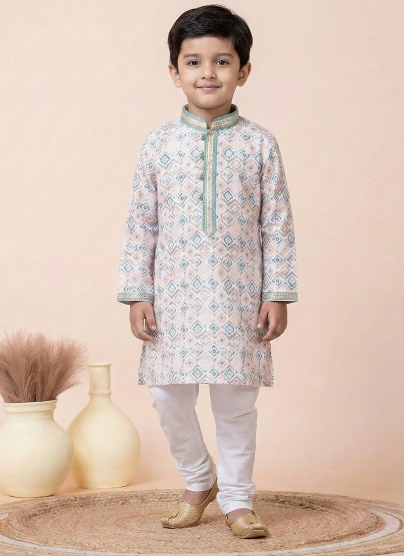 White Printed Mono Cotton Polyester Kids Boys Kurta Pyjama Festive Wear