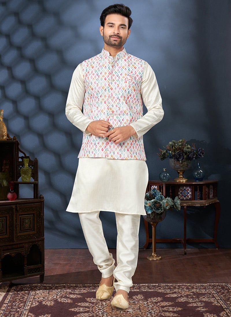 White Printed Silk Bandi Set Festive Wear