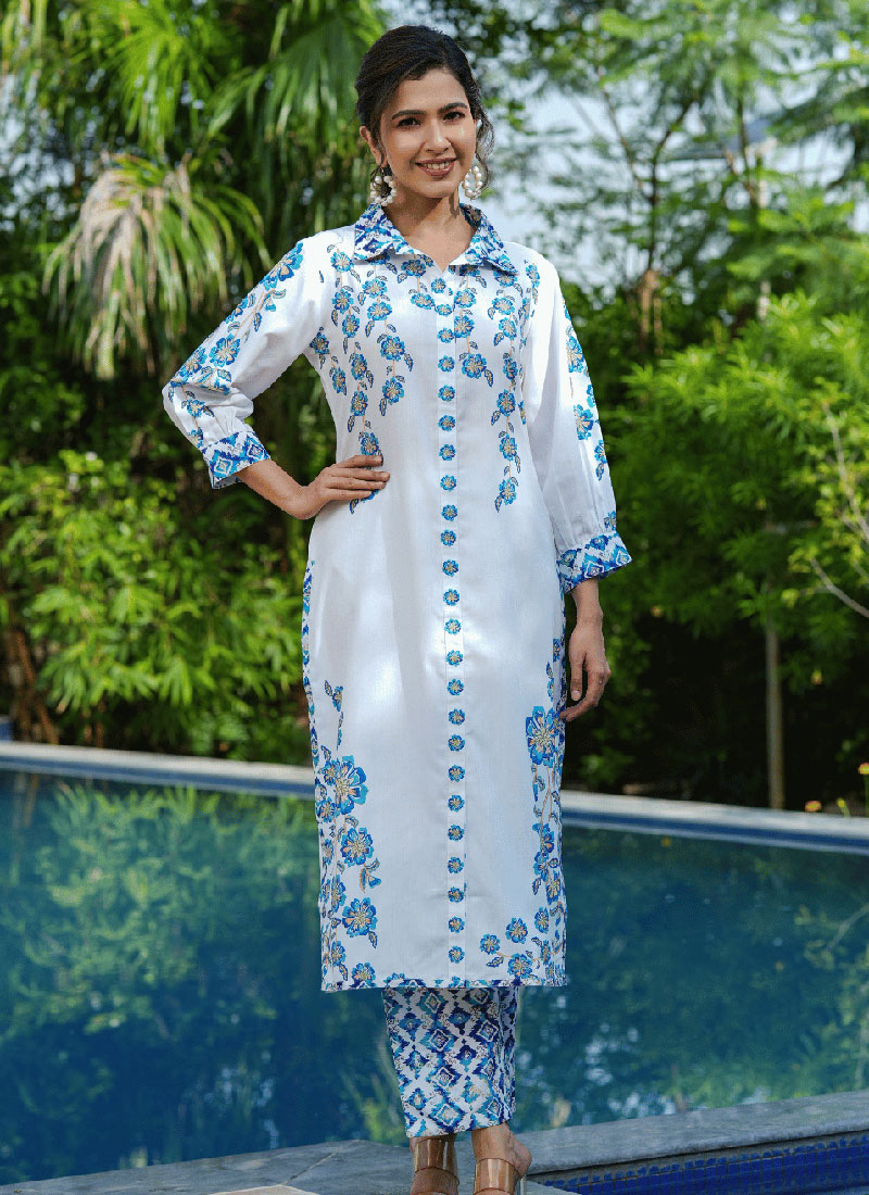 White Floral Printed Lace Pure Cotton Straight Kurta and Trouser Set